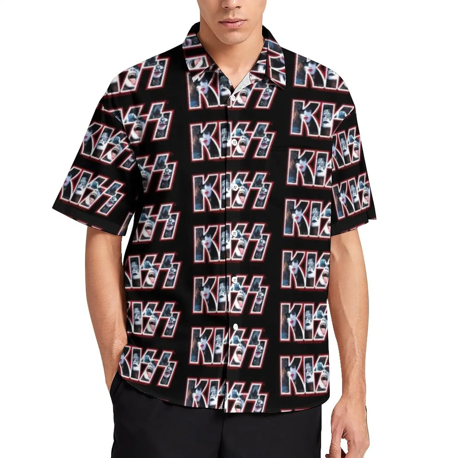 

Свободная рубашка Kiss с фото группы, повседневные рубашки для отпуска с рисунком веера, летние блузки большого размера с коротким рукавом и графическим принтом в уличном стиле