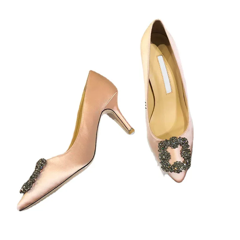 Satin Shoes Toe Pointed Toe Medium Heel Stiletto Square Buckle Women's Shoes Green