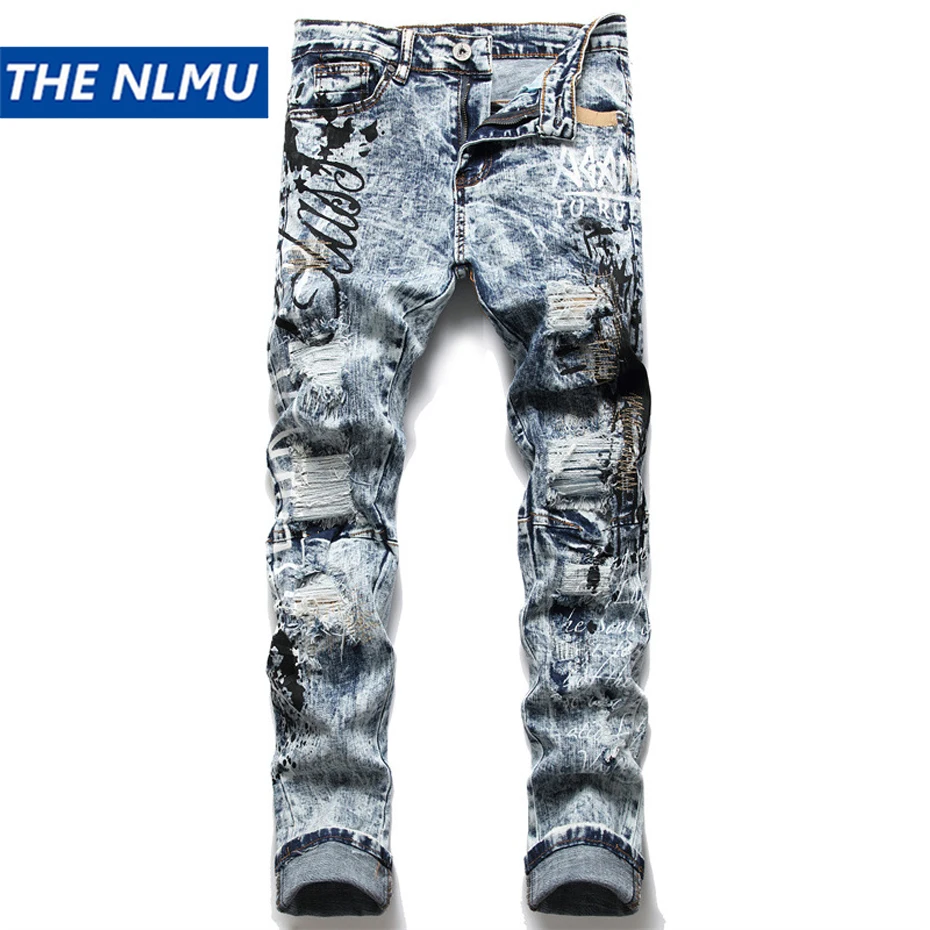 

Men’s Slim-fit Hole Ripped Jeans Hip Hop Street Embroidery Denim Pants Fashion Casual Biker Jeans Trousers Blue