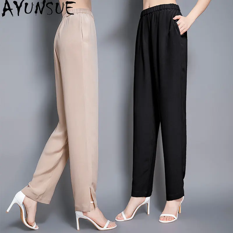 95% Mulberry Silk Long Trousers Summer Elegant Pants for Woman Clothes Loose Straight Casual Women Pants High Waist  Streetwear