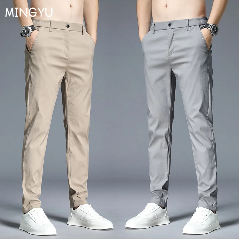 

2023 Summer Casual Pants Men Thin Stretch Slim Fit Elastic Waist Cotton Business Classic Korean Trousers Male Khaki Gray 28-38