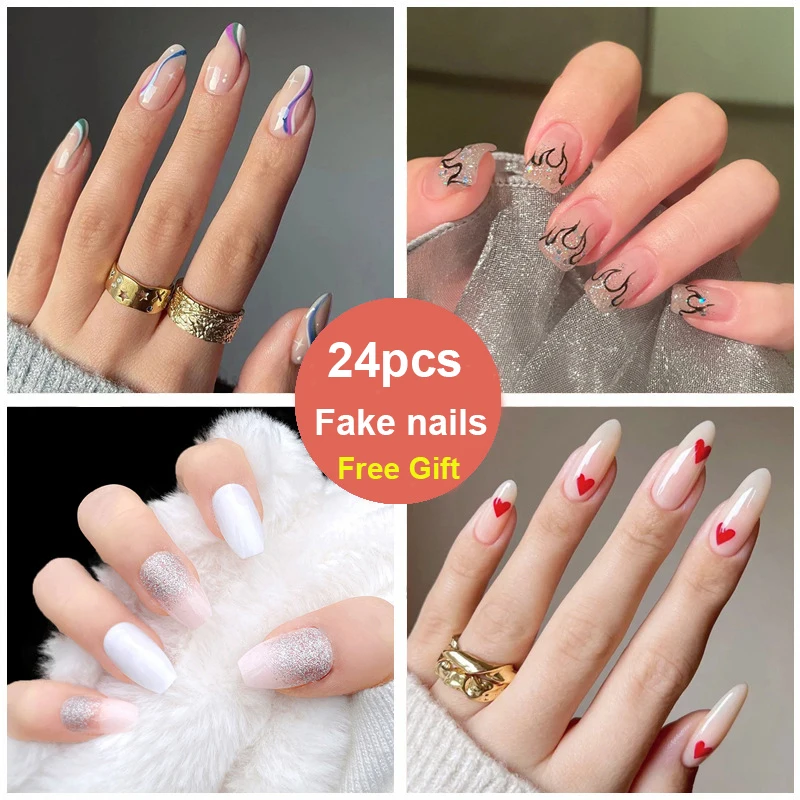 

24pcs/set fake nails press on capsule faux ongles tips French long fashion design manicure false acrylic nails with jelly glue