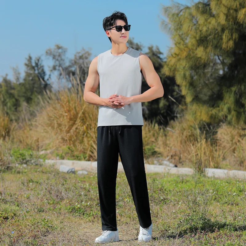 Men'S Running Fitness Summer Loose Ice Silk Quick Drying Sleeveless T-Shirt Pants Two Piece Male Basketball Tank Top Sports Set