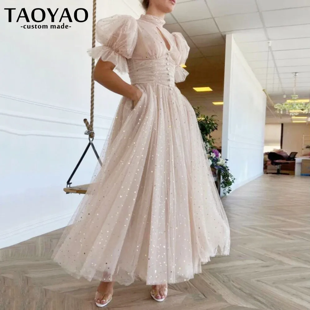 

High Neck Tulle Long Evening Dresses A-Line Starry Prom Dress For Women Party Ankle-Length Cut-Out Party Gowns Robe De Soriee