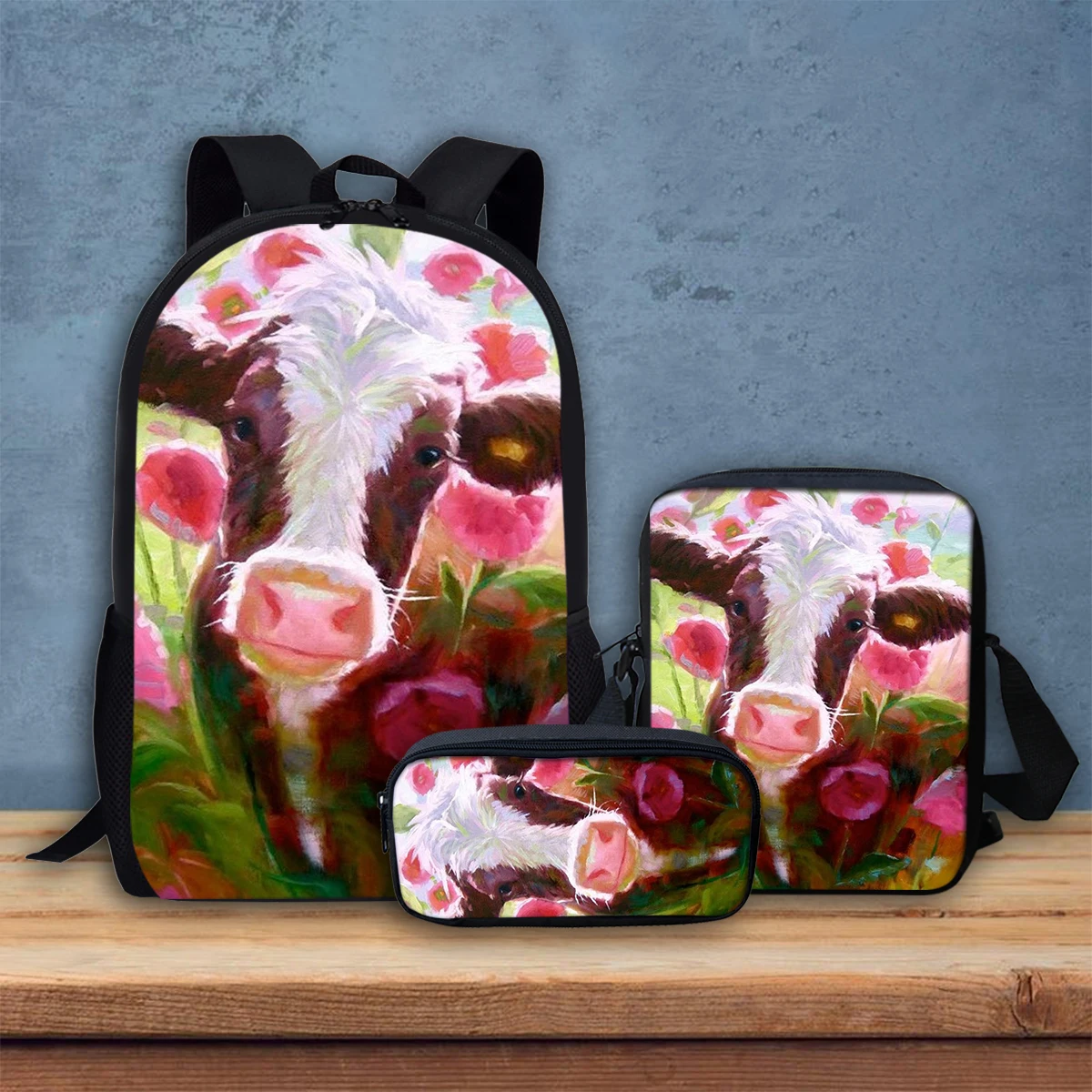 Flowers Cows Portable Crossbody Fashion Animal Pattern Stationery Boxes New Trend Teens Durable 17 Inch Backpack 3Pcs/Set Gifts