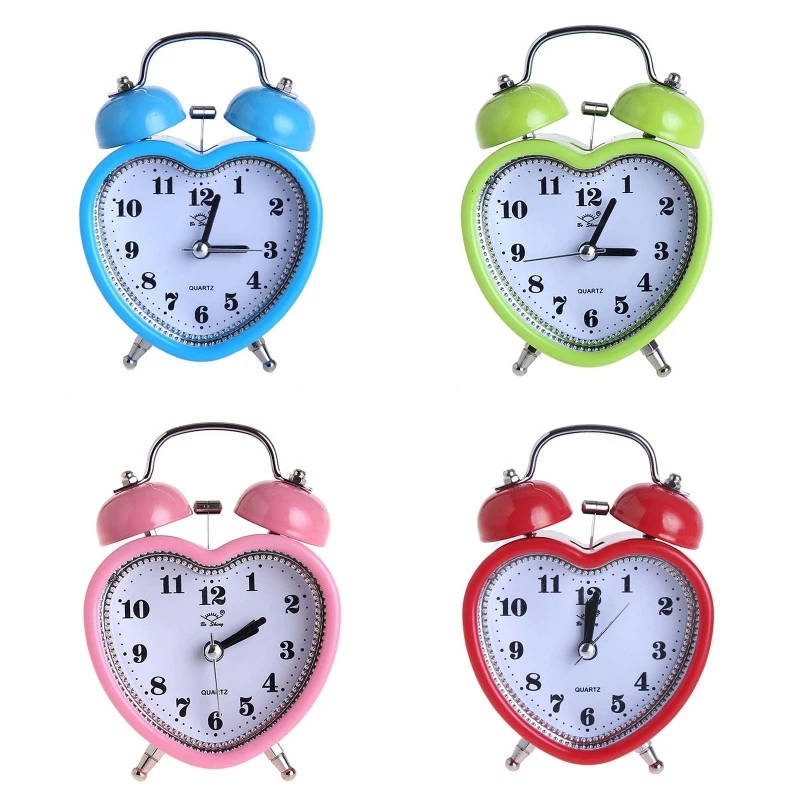 Heart Shape Bell Alarm Clock No Ticking Silent Night Light Time Clocks for Kids Girls Bedroom Snooze Wake Up Clocks Gift