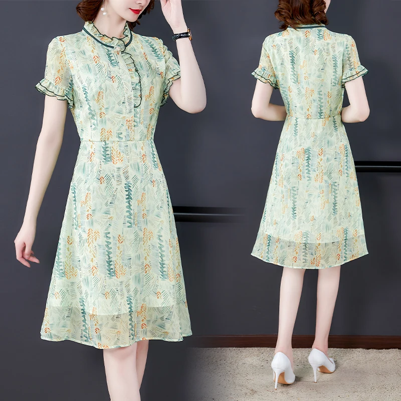 

Женское шифоновое платье-миди с коротким рукавом и оборками