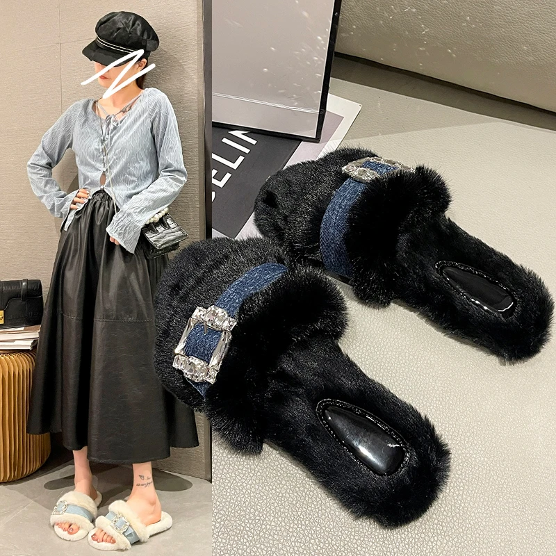 

Женские зимние ковбойские шлепанцы, на плоской подошве, с кристаллами