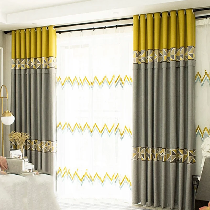 

Fashion Modern Twill Geometric Blackout Window Curtains for Living Room Yellow Splice Grey Window Drapes Wave Embroidered Tulle
