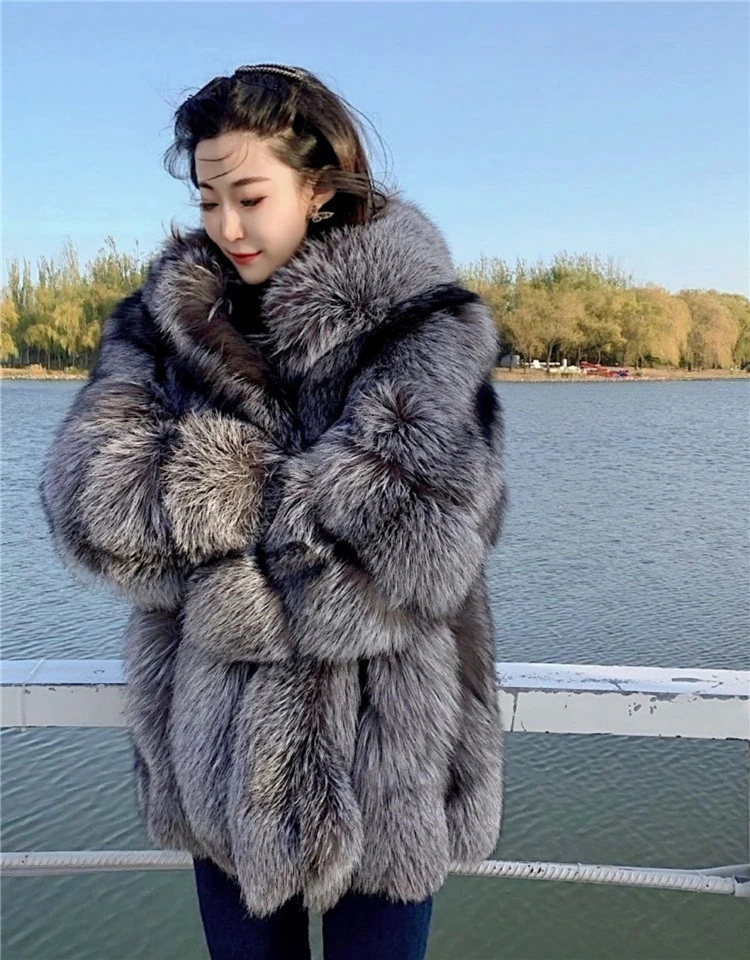 Women Winter Real Silver Fox Fur Coat Long Genuine Fur Jacket Fashion Luxury Natural Fur Streetwear Hood Plush Outerwear Brand