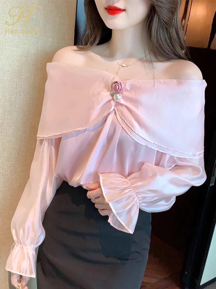 

Осенние рубашки H Han Queen, офисные блузы, винтажные дизайнерские топы с воротником-лодочкой, простые элегантные повседневные шифоновые блузки с расклешенными рукавами для женщин