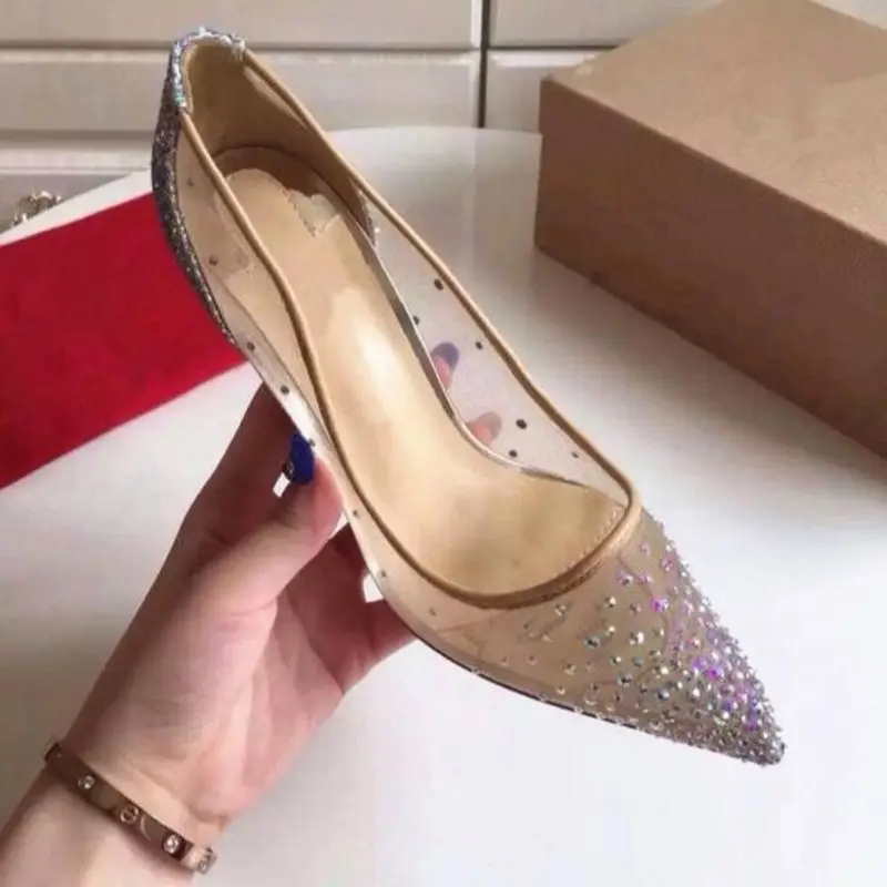 

2022 Red Women Shoes Mesh Flash Drill Flat Sole Single Shoes Mesh Breathable Sexy Pointed 8 10cm High Heels Pumps Red Dust Bag