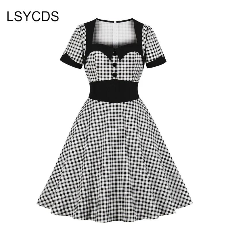 LSYCDS Vintage Plaid Dresses Short Sleeve Square Neck A Line Dresses Hepburn Femme Elegant Big Swing 50s 60s Retro Dress