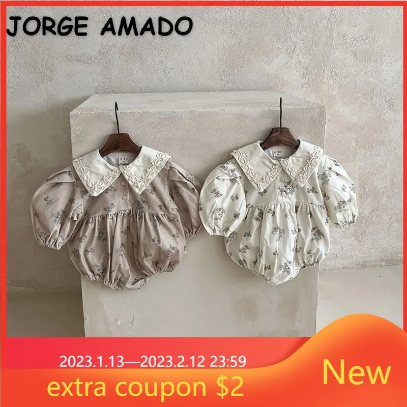 

Осеннее боди для маленьких девочек в Корейском стиле Бежевый светильник-серый цветочный комбинезон с отложным воротником и длинными рукав...