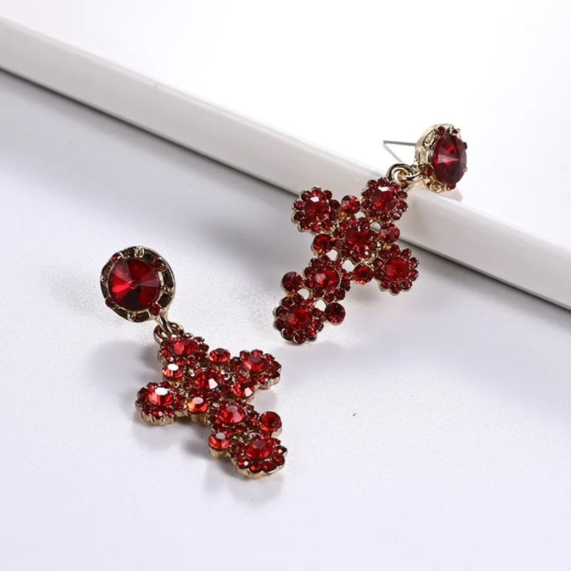

Fashion Crystal Red Rhinestone Gold Color Cross Shaped Pendant Drop Earrings for Women Girls Black Zircon Hollow Party Jewelry