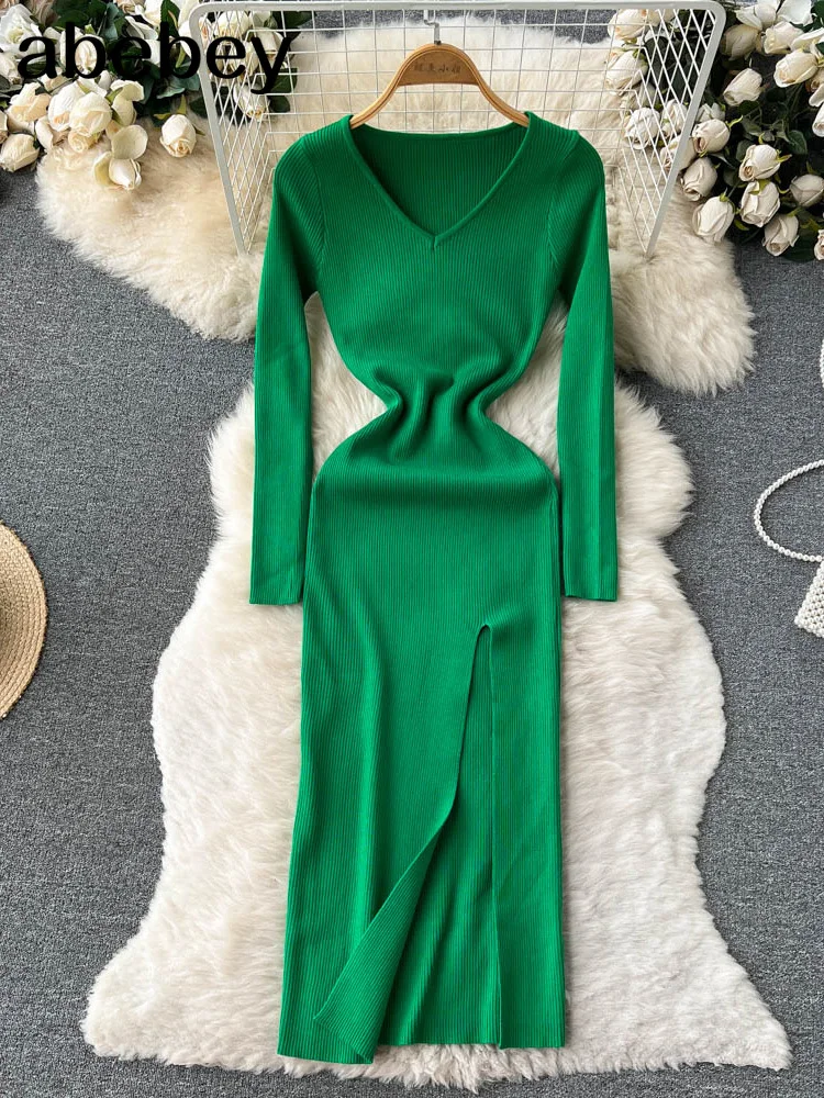 

Senior Bodycon Women Knitted Dress V Neck Temperamant Long Sleeve Sweater Dress Fashion Winter Split Sexy Warm Dress