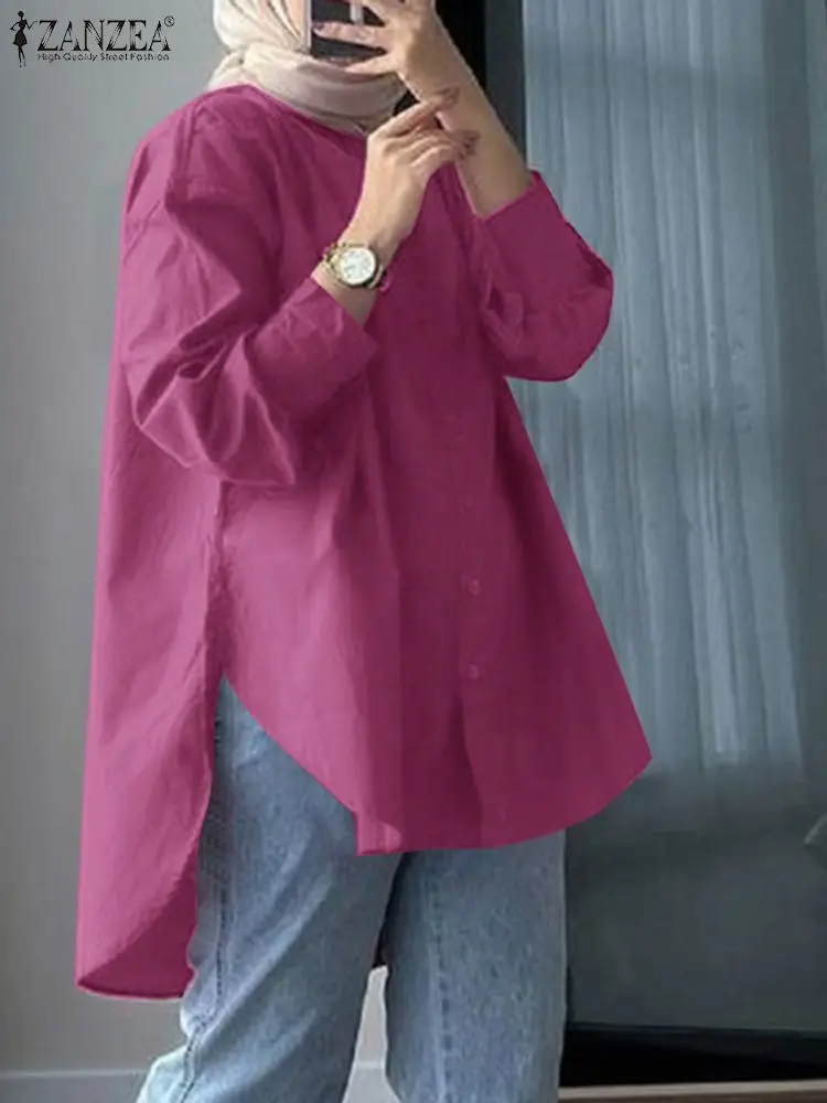 

Модная однотонная мусульманская блузка ZANZEA, женские повседневные топы с асимметричным подолом, рубашка с длинным рукавом и воротником с лацканами, женские элегантные блузы, абайя