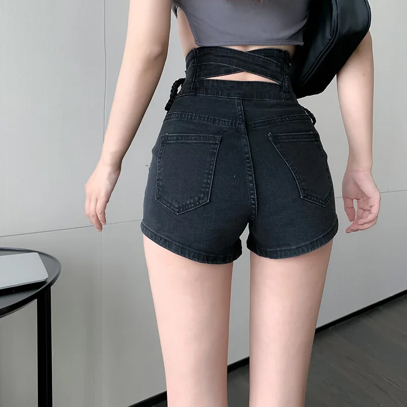 2021 Summer Hollow Out Quality High Waist Tight Female Elastic Short Jeans Sexy Denim Shorts New Women's Slim Fit Shorts Bandage