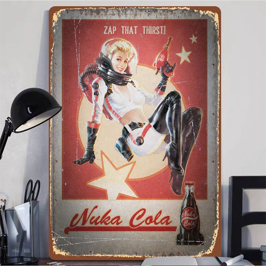 Фото Nuka Cola винтажная металлическая жестяная вывеска в стиле ретро, постер с космической тематикой для домашнего бара, гаража, декора, коллекционная настенная художественная вывеска Zap That Thirst №2