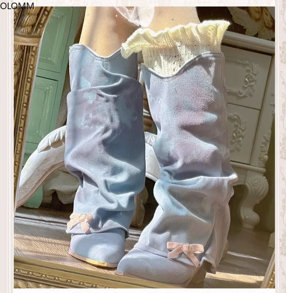 

Женские сапоги до середины икры с воланами и острым носком на массивном каблуке обувь с бантом замша кожа принцесса Лолита сделай сам милый подарок на Рождество для девочек