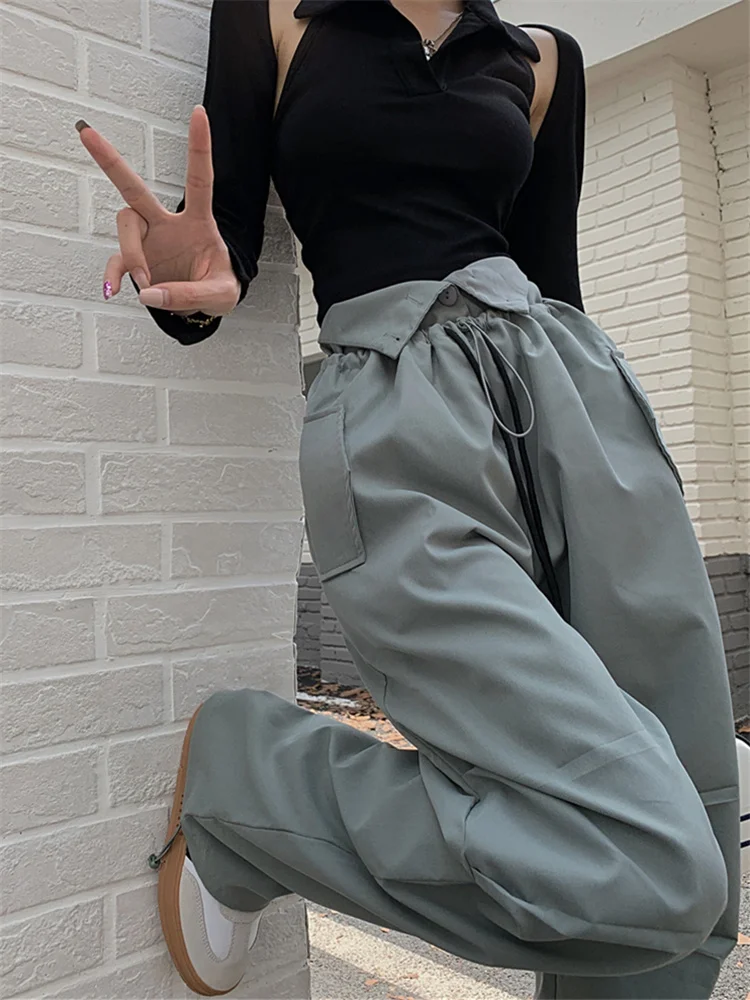 

QWEEK 90s Vintage Cargo Pants Women Y2K Retro Streetwear Drawstring Wide Leg Parachute Trousers Oversized Chic Aesthetic Track