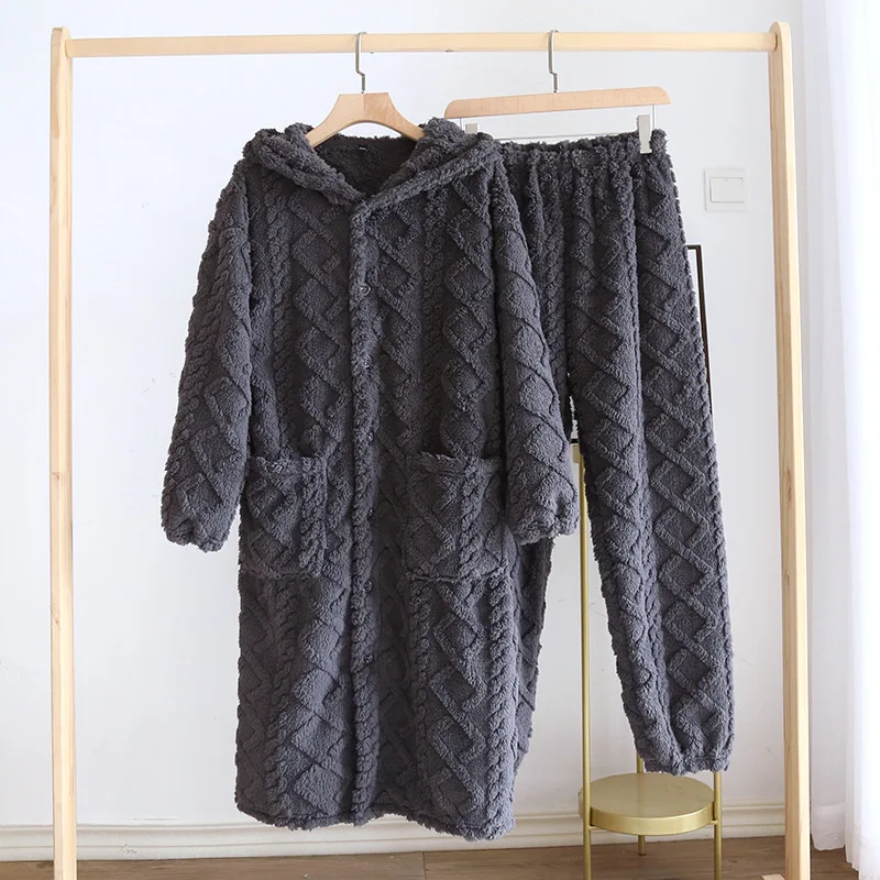 

Robe Velvet Pajamas Plus Couple Cute Flannel Hooded Men's Nightgown Long Homewear Clothes Warm Thick Women Home Size Set Winter