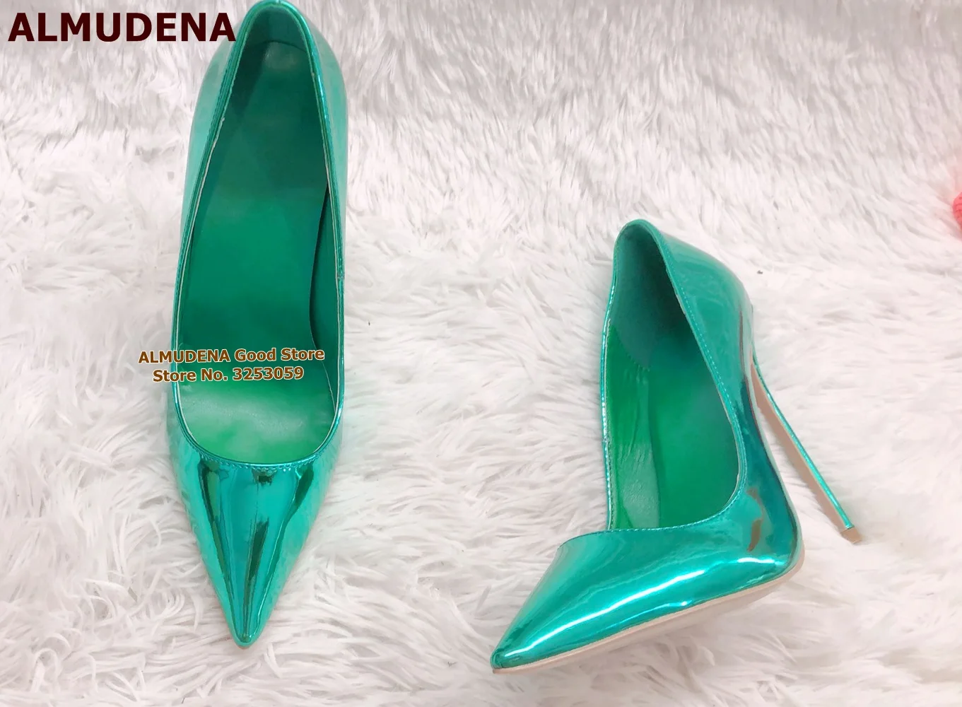 ALMUDENA Purple Patent Leather Hologram Iridescent 12cm High Heels Pointed Toe Slip-on Shallow Dress Pumps Size45 Wedding Shoes