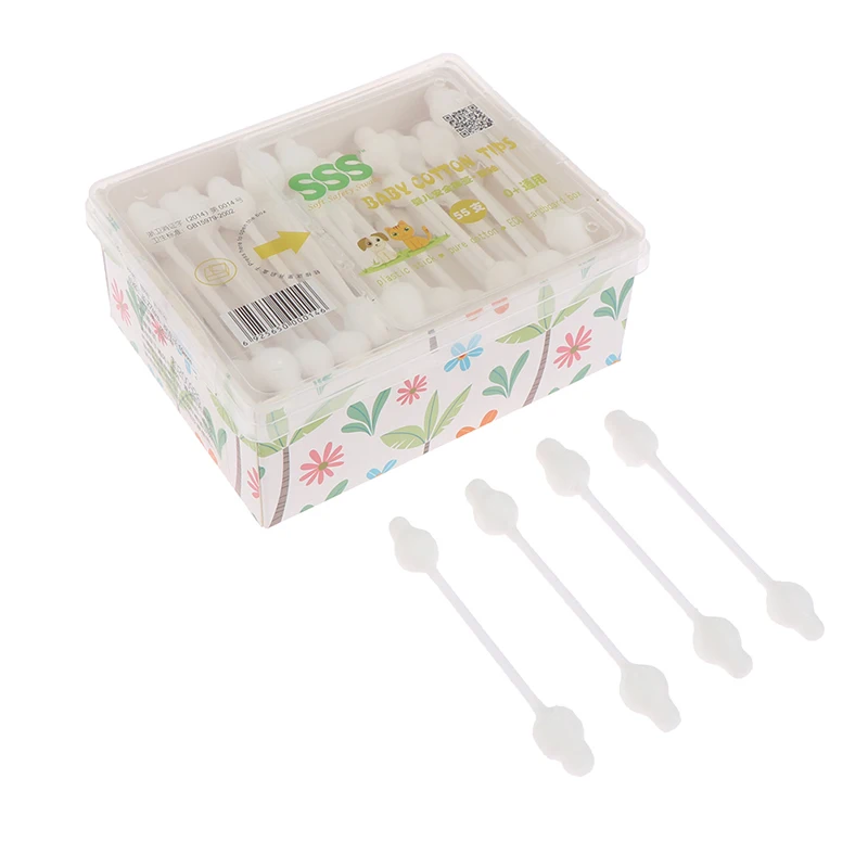 55pcs Safety Baby Cotton Swab Gourd Shape Clean Ears Sticks Medical Buds Tip Swabs Box Plastic |