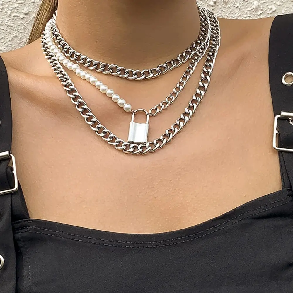 

Ins Punk Thick Layered Multi-layer Lock Pendant Necklace Cuban Collarbone Cold Wind Imitation Pearl Chain Hip-hop Jewelry 2022