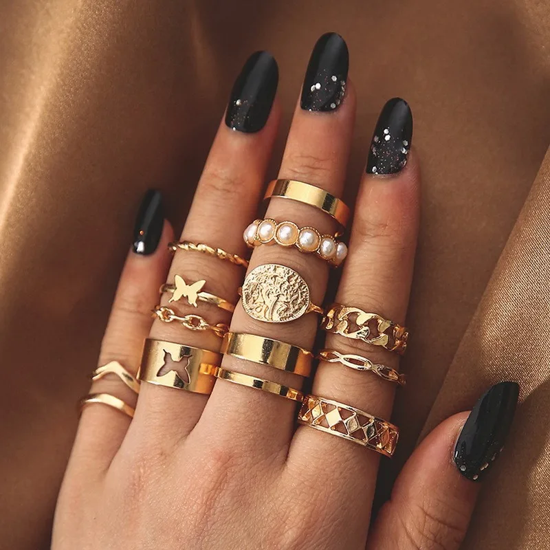 

Pearl Gold Color Rings Set Vintage Butterfly Rings for Women Geometric Fashion Heart Ring Hollow Jewelry Trendy Accessories