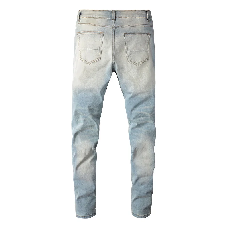 New Steetwear Style Tie Dye Bandana Ribs Patchwork Skinny Stretch Holes Slim Fit Light Blue High Street Distressed Ripped Jeans