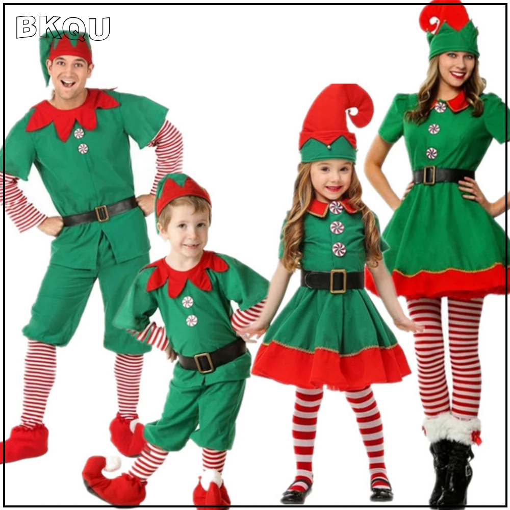 

BKQU Christmas Elf Costume Party Family Christmas Role Playing Set Green Santa Claus Performance Clothing Fancy Dress Kids Adult