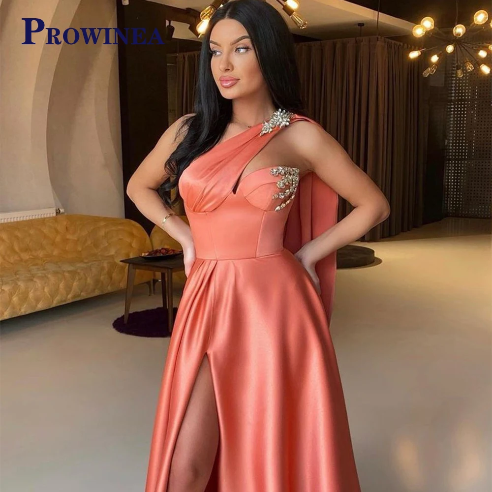 

Sexy Stain Pink Long Evening Dress For Women Crystal One Shoulder High Side Silt Party Prom Dresses Customized Robes De Soirée