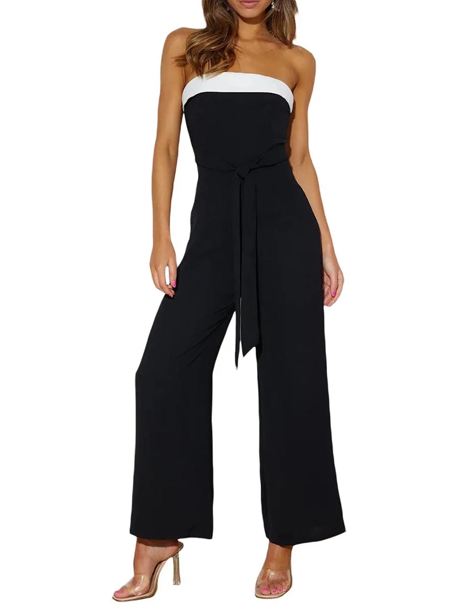 Women Sleeveless Jumpsuit Lightweight Contrast Color Comfortable  Strapless Wide Leg Pants Rompers Summer Streetwear Clubwear