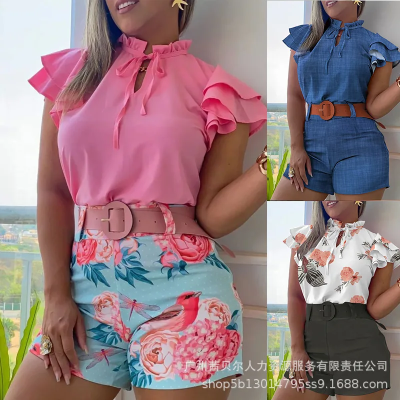 

2023 Womens New Solid Color Ruffled Lace-up Top+floral Printed Shorts+strap Crop Tops Set Two Piece Sets Womens Outifits