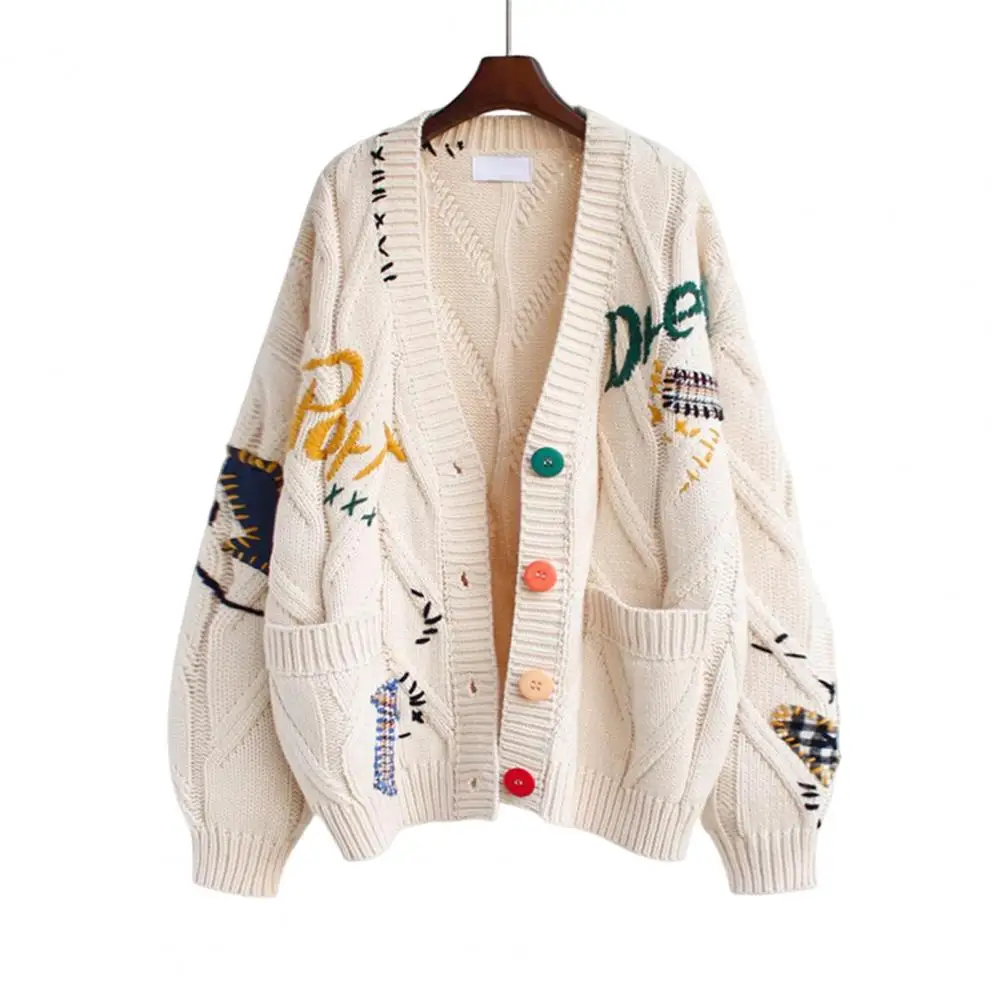 

Trendy Cozy Sweater Jacket V Neck Autumn Winter Embroidery Letter Pattern Buttons Placket Sweater Cardigan Coldproof