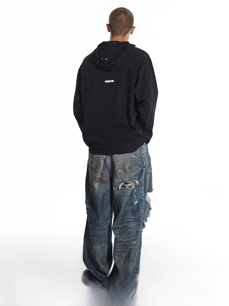 PMW 2023fw Ретро тяжелая однотонная черная рубашка с длинными рукавами и капюшоном