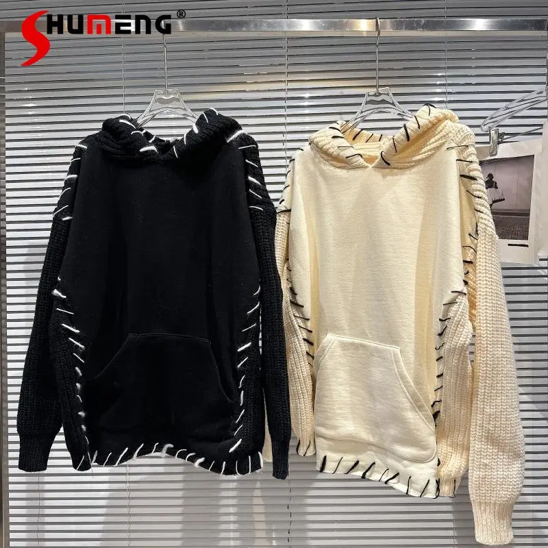 2022 Winter New Fashion Elegant Knitted Stitching Fleeced Hooded Sweatshirt Women's Trendy Streetwear Solid Pullover Hoodie Top