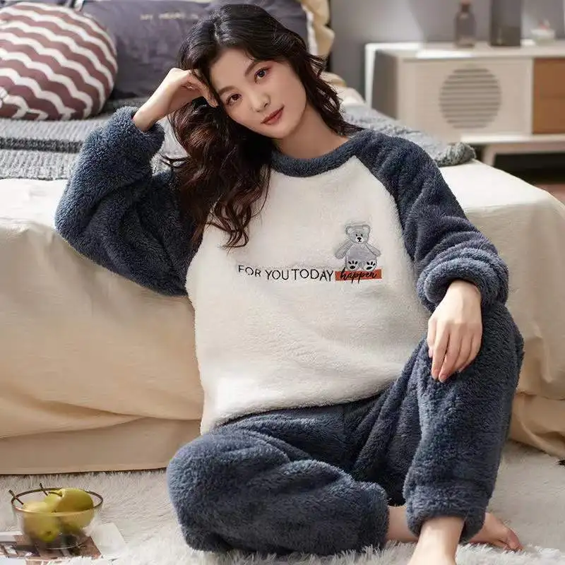 M-4XL Coral Velvet Pajamas Sets Women Winter Thick Warm Flannel Sleepwear Round Neck Loose Pyjamas Suit Home Clothing