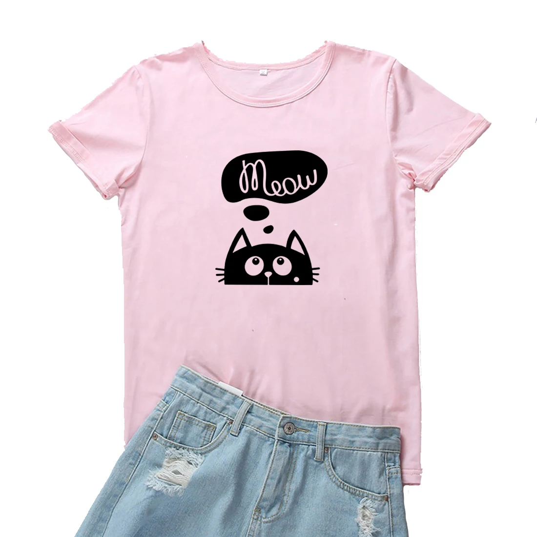 Cat Meow Women T-shirt Lovely Black Cat Pattern Women Tshirt Kawaii Funny Aniaml Graphics Tee Shirt Femme Harajuku Streetwear