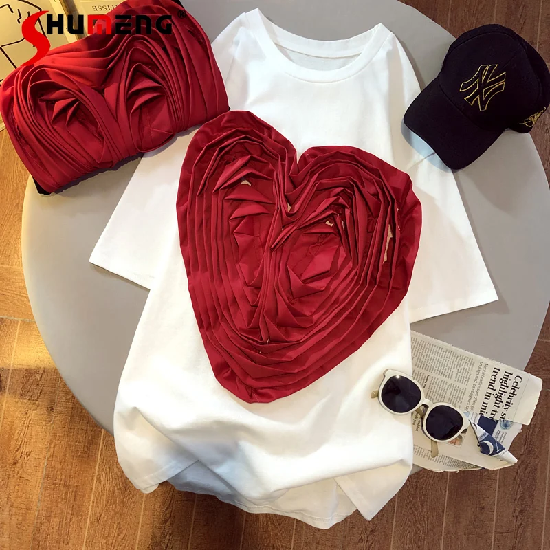 

New Ladies Fashion Simple Love Appliques Short-Sleeved T-shirt Women 2022 Spring Casual Loose Mid-Length O-neck Pullover Top Tee