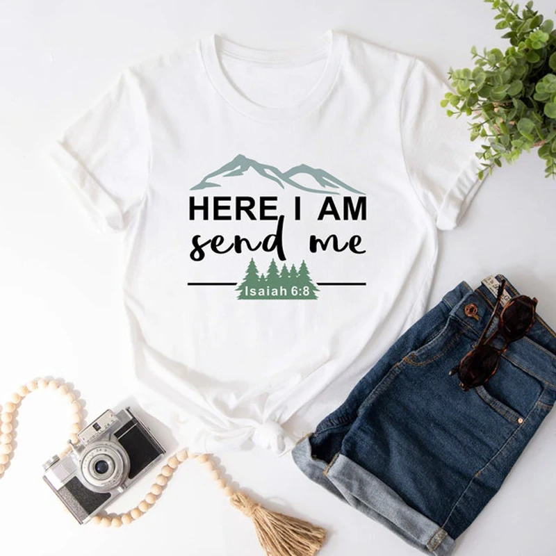 Здесь я отправлю мне Lsaiah 6:8 футболка со слоганом Библейские стихи для христианина