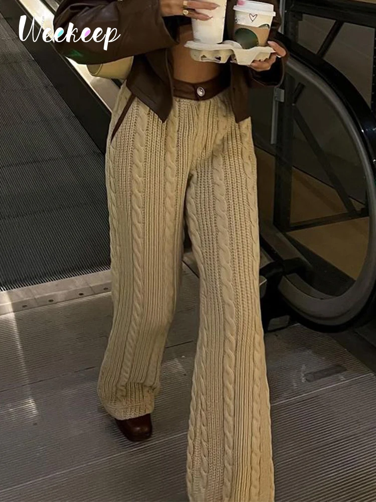 

Weekeep Khaki Twist Knitted Sweatpants Fashion Patchwork High Waist Loose Straight Cargo Pants y2k Harajuku Capris Womens Grunge
