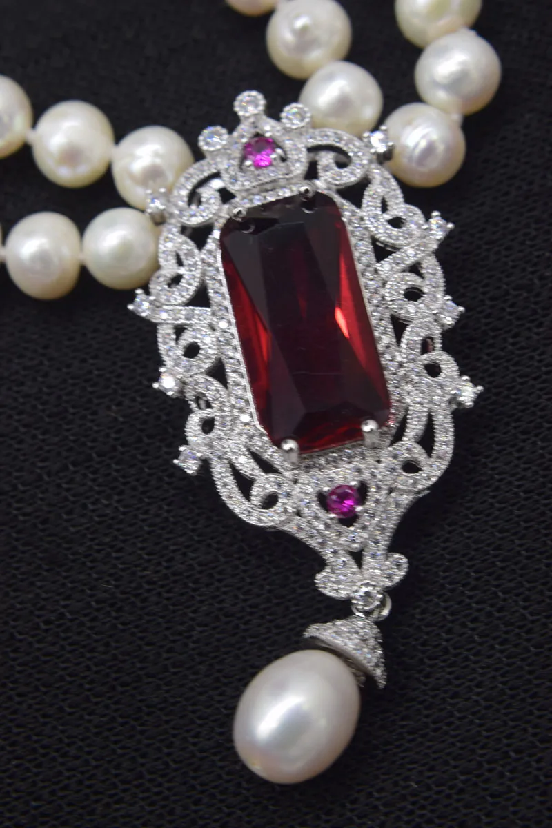 2rows freshwater pearl white near round 8-9mm necklace red zircon nature beads wholesale 17-18inch