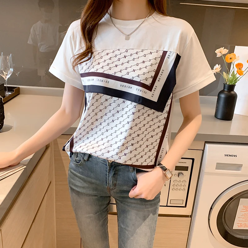

Silk Cotton Women's T-shirt Summer 2023 New Printed Loose Tee Short Sleeves Patchwork Ladies Top O-neck Clothing YCMYUNYAN
