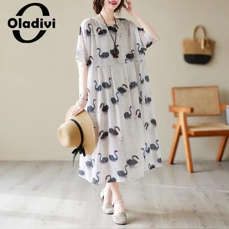 

Oladivi Fashion Women Short Sleeve Midi Dress 2023 Summer New Casual Loose Dresses Vintage Ladies Oversized Clothes 5XL 6XL 6031
