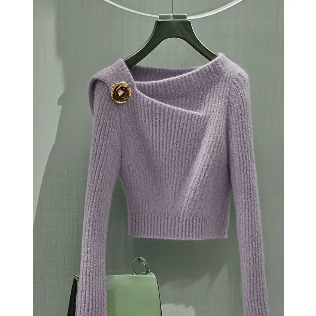 Осень 2024 новинка облегающий короткий дизайнерский свитер с наклонными плечами