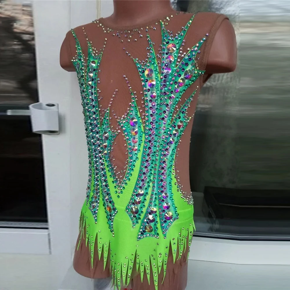 

Women's Girls' Rhythmic Gymnastics Leotards Artistic Gymnastics Leotards Jeweled Light Green Blue Competitin Dacnewear