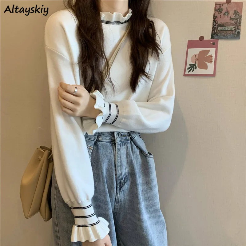 

Pullovers Women Mock Neck Comfortable Chic All-match Butterfly Sleeve Ulzzang Fashion Elegant Knitted Sweater Slim Students Soft