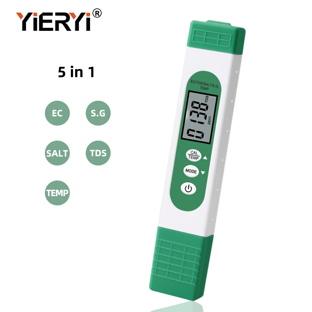 5 in 1 EC/TDS/SALT/S.G/Temperature Portable Digital Water Quality Tester Water Purity Temperature PPM Test Instrument